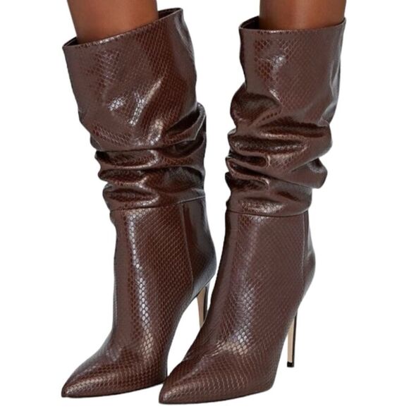 PARIS TEXAS Slouch Python-Embossed High Heel Boots in Cocoa Brown - Picture 2 of 16